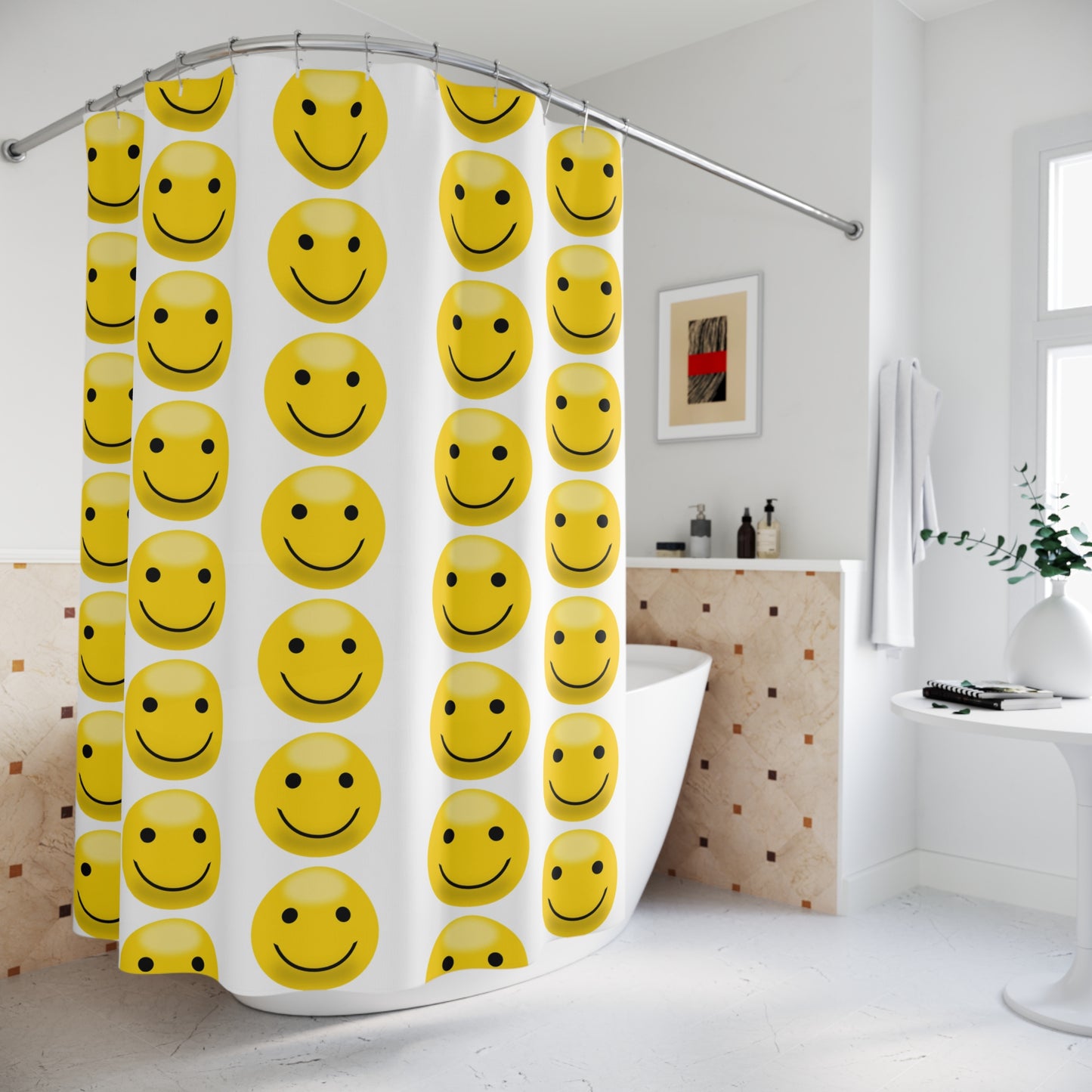 Cheerful Smile Emoji Shower Curtain | Happy Bathroom Decor, Gift for Kids, Home Accents, Birthday, Summer Vibes
