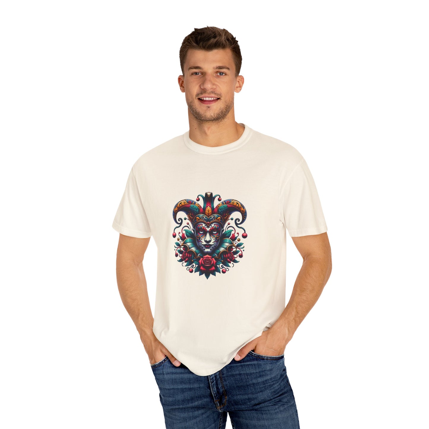 Vibrant Unisex Garment-Dyed T-shirt Featuring Colorful Jester Design, Festival Fashion