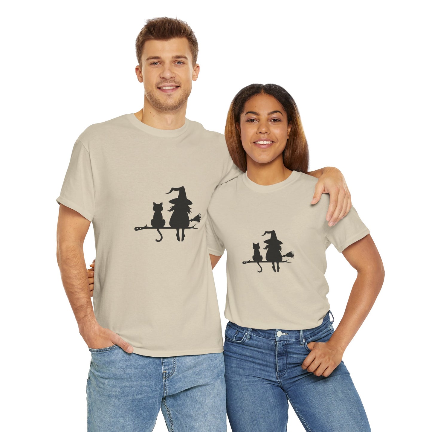 Witch and Cat Tee | Spooky Unisex Shirt for Halloween | Cute Witchwear for Cat Lovers | Fall Wardrobe Essential | Gift for Magical Friends