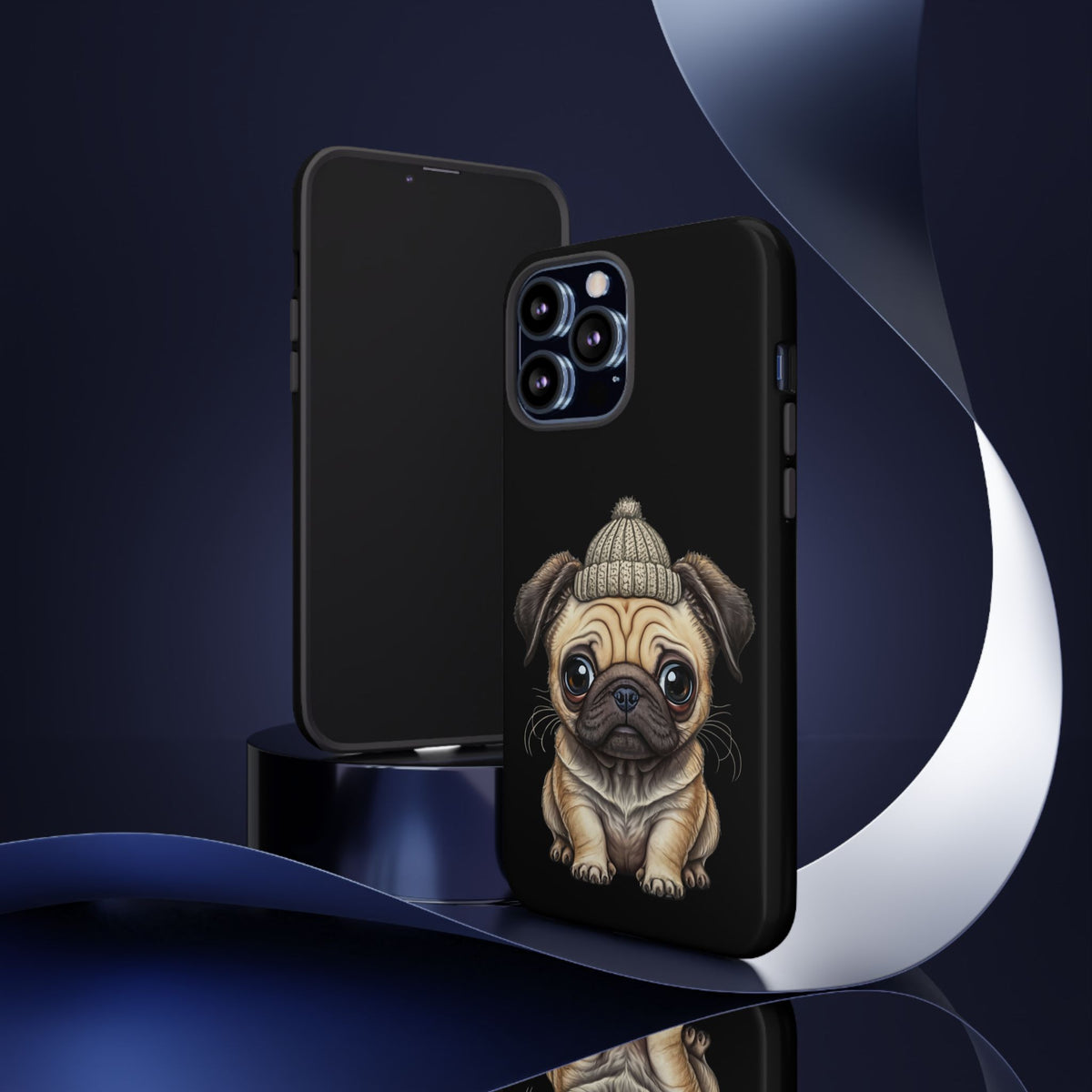 Pug Phone Case – Cute Pug Puppy Illustration on Black Tough Case