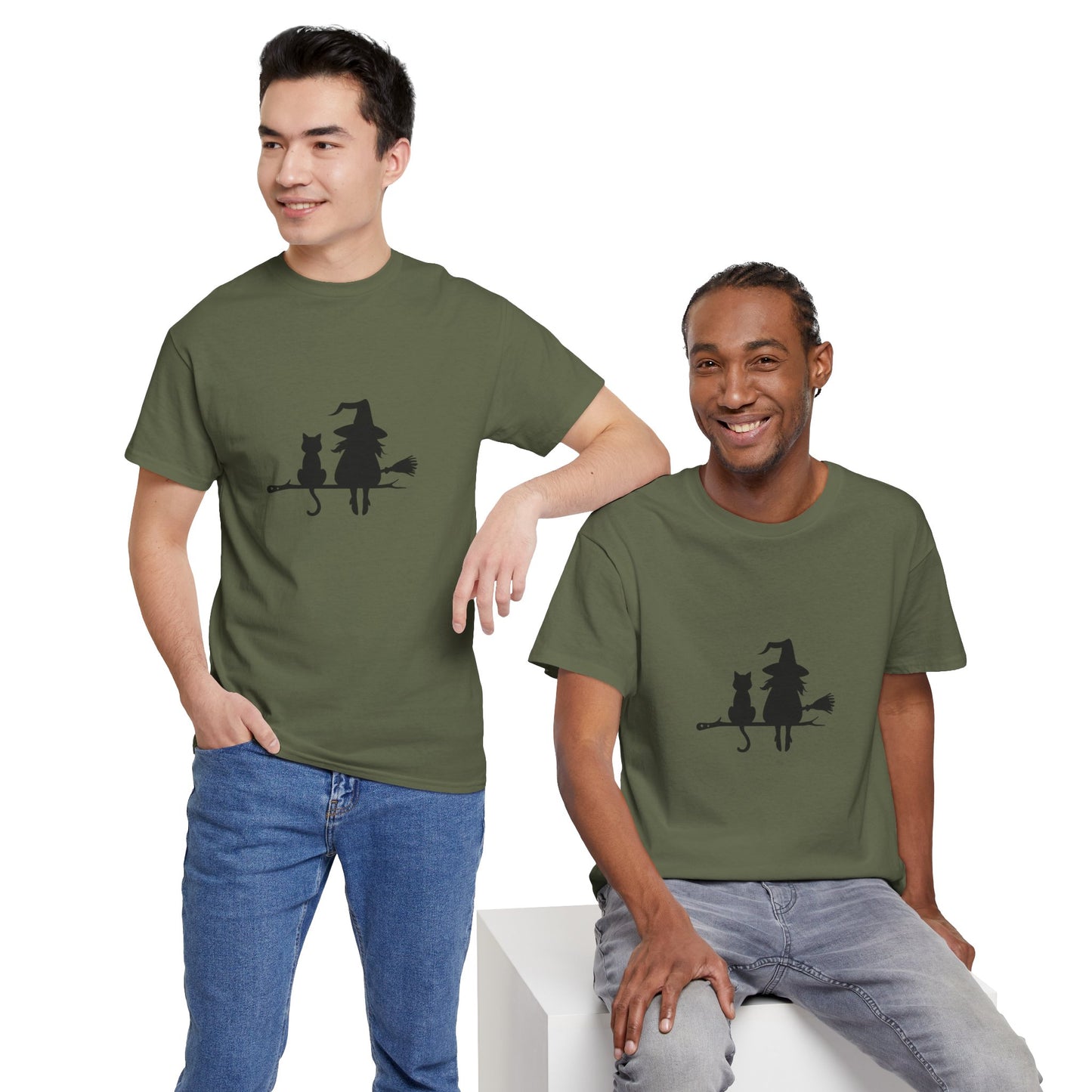 Witch and Cat Tee | Spooky Unisex Shirt for Halloween | Cute Witchwear for Cat Lovers | Fall Wardrobe Essential | Gift for Magical Friends