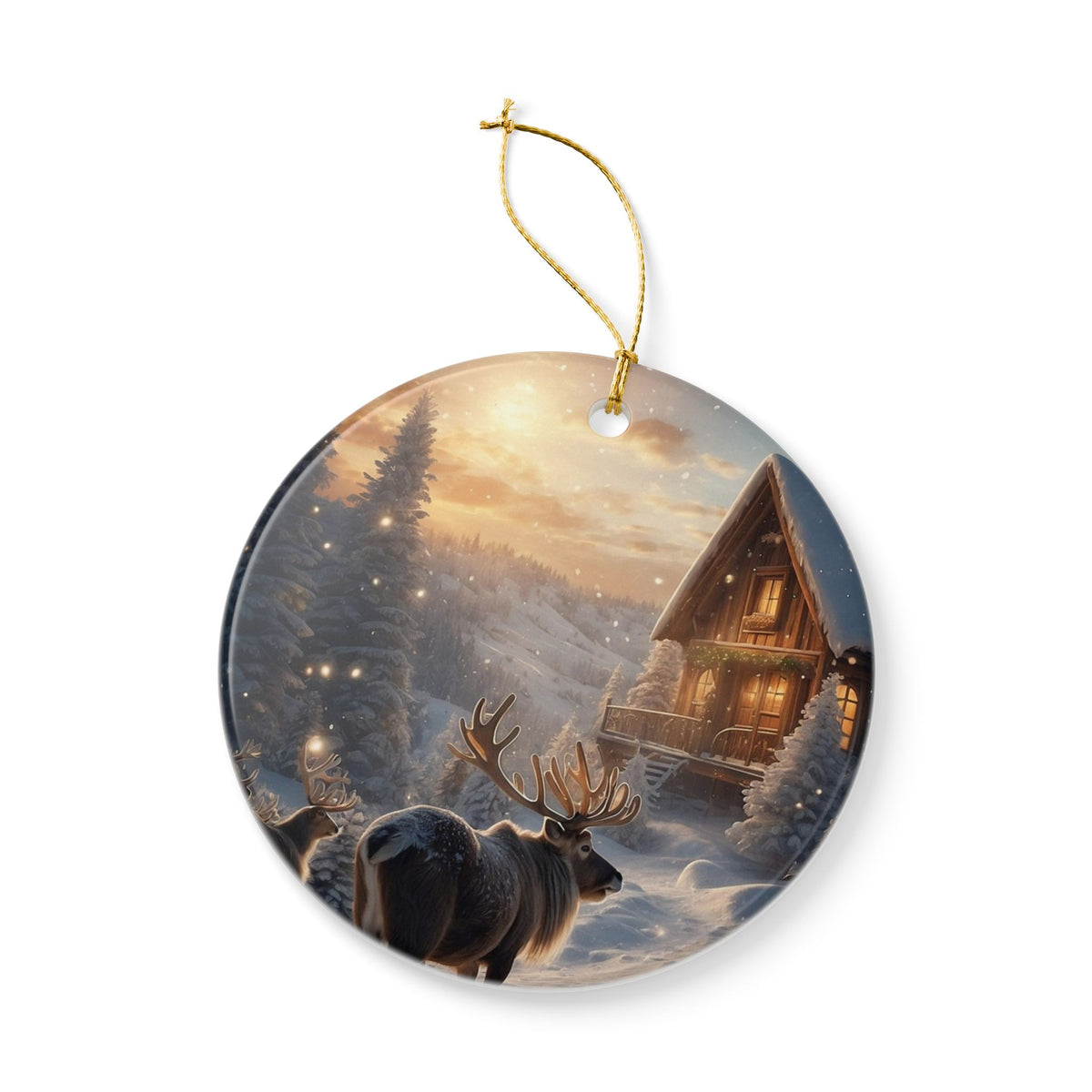 Rustic Winter Cabin Ceramic Ornament — Reindeer Scene Holiday Tree Decoration