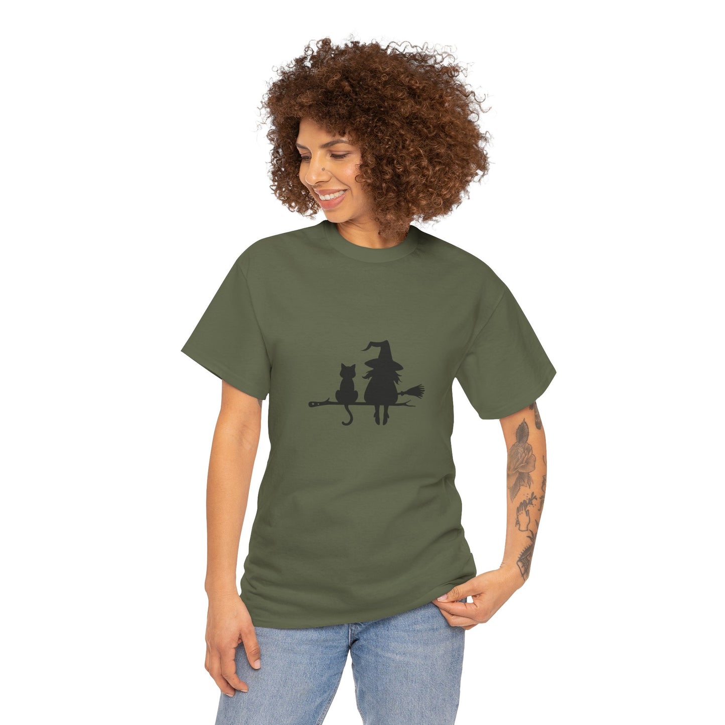 Witch and Cat Tee | Spooky Unisex Shirt for Halloween | Cute Witchwear for Cat Lovers | Fall Wardrobe Essential | Gift for Magical Friends