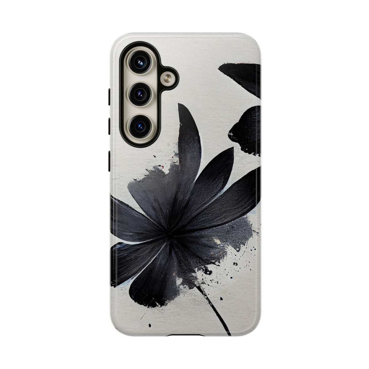 Monochrome Floral Tough Phone Case — Black Ink Flower Protective Cover