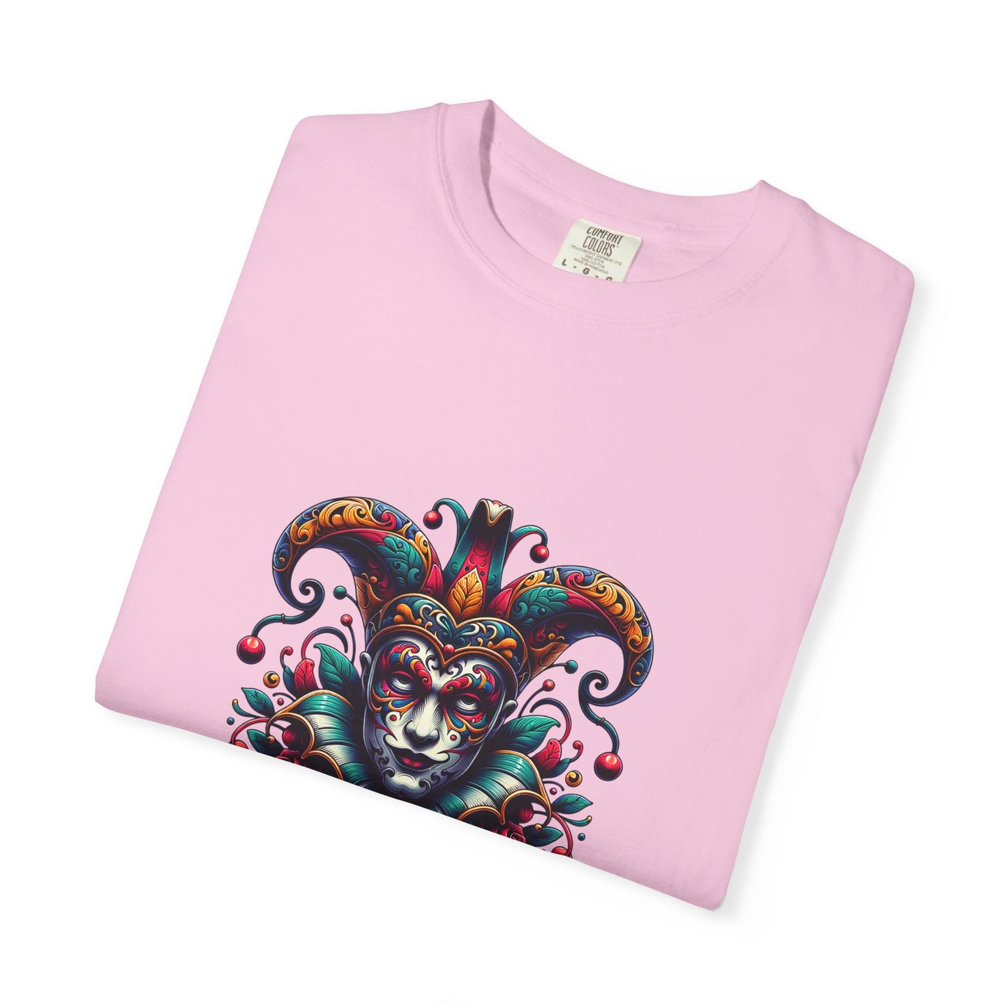 Vibrant Unisex Garment-Dyed T-shirt Featuring Colorful Jester Design, Festival Fashion