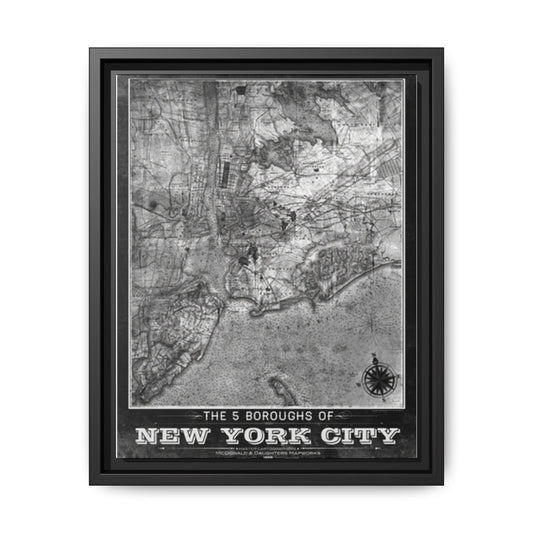 Framed NYC Boroughs Map, Vintage Wall Art, Urban Decor, Home Office Gift, New York City Decor, Black and White Artwork