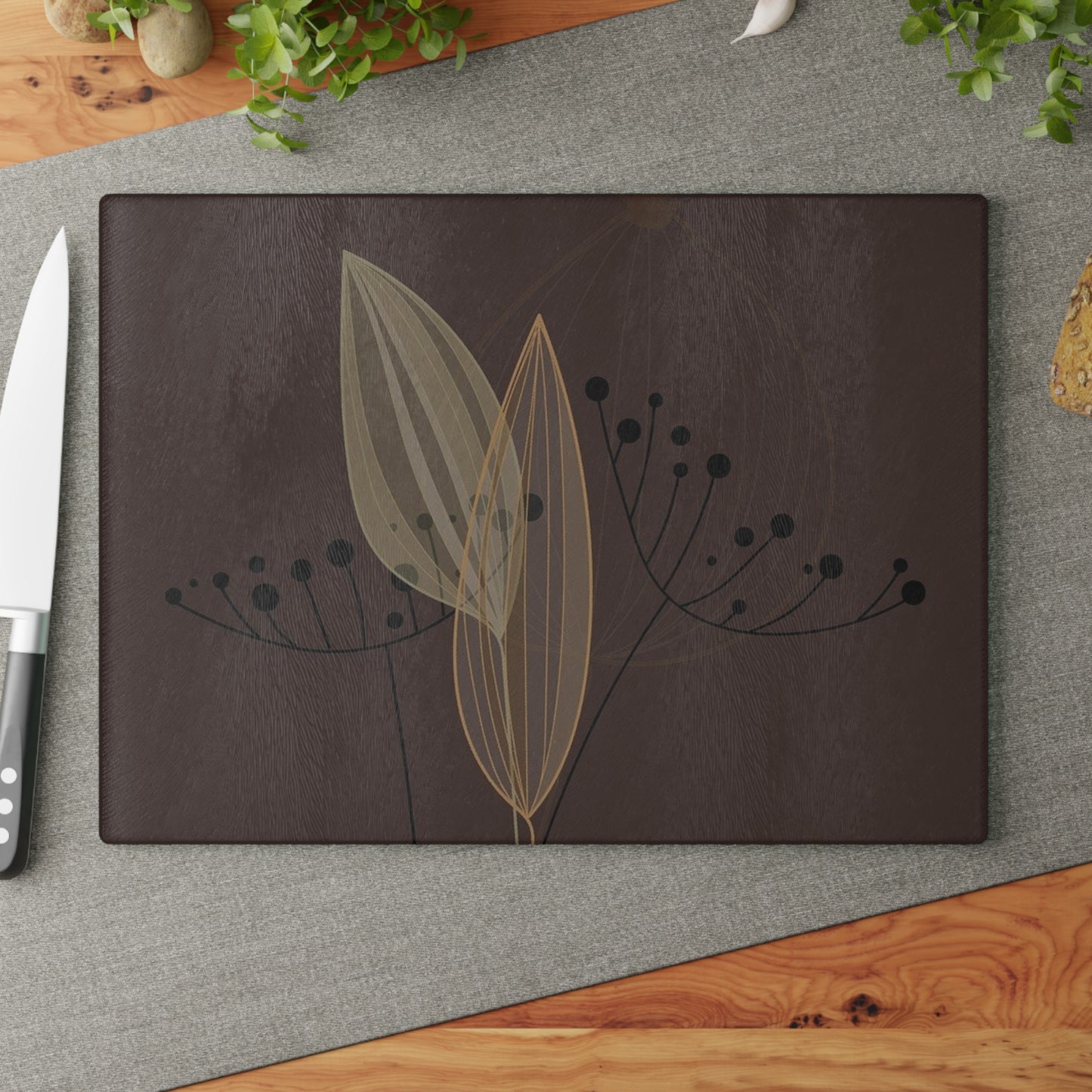 Elegant Glass Cutting Board with Leaf Design, Kitchen Decor, Housewarming Gift, Culinary Art, Modern Kitchen Accessory