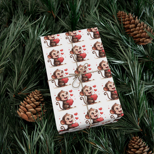 Cute Monkey Valentine's Gift Wrap Paper, Festive Wrapping Paper for Kids, Holiday Gift Wrap, Birthday Wrap, Monkey Love Print