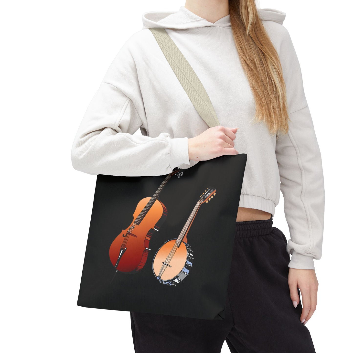 Musical Instruments Tote Bag, Music Lover Gift, Banjo and Cello Design, Stylish Grocery Tote, Concert Bag, Eco-Friendly Carryall