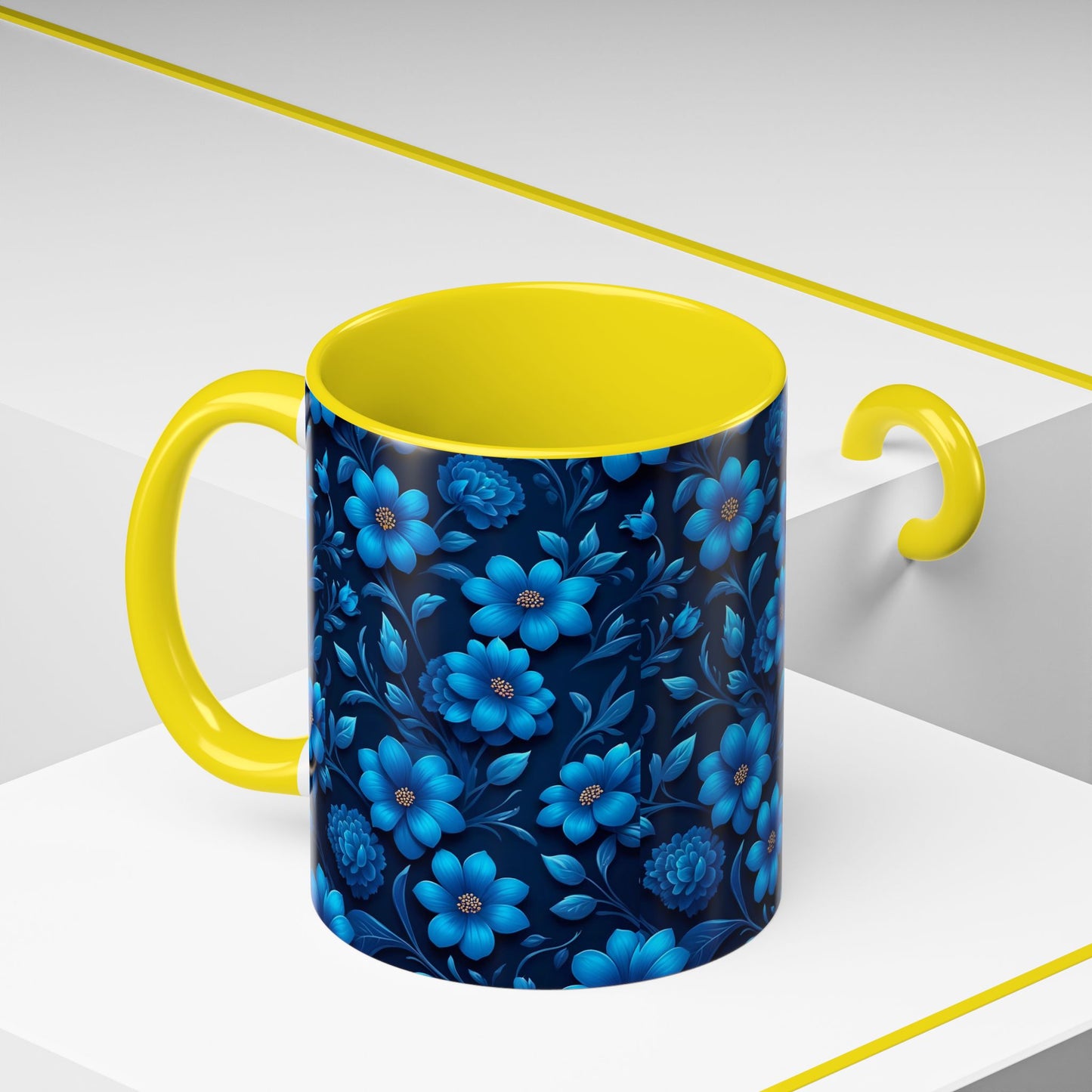 Floral Accent Coffee Mug, Blue Flower Mug, Ceramic Coffee Cup, Gift for Her, Nature-Themed Drinkware, Floral Home Decor, Unique Mug