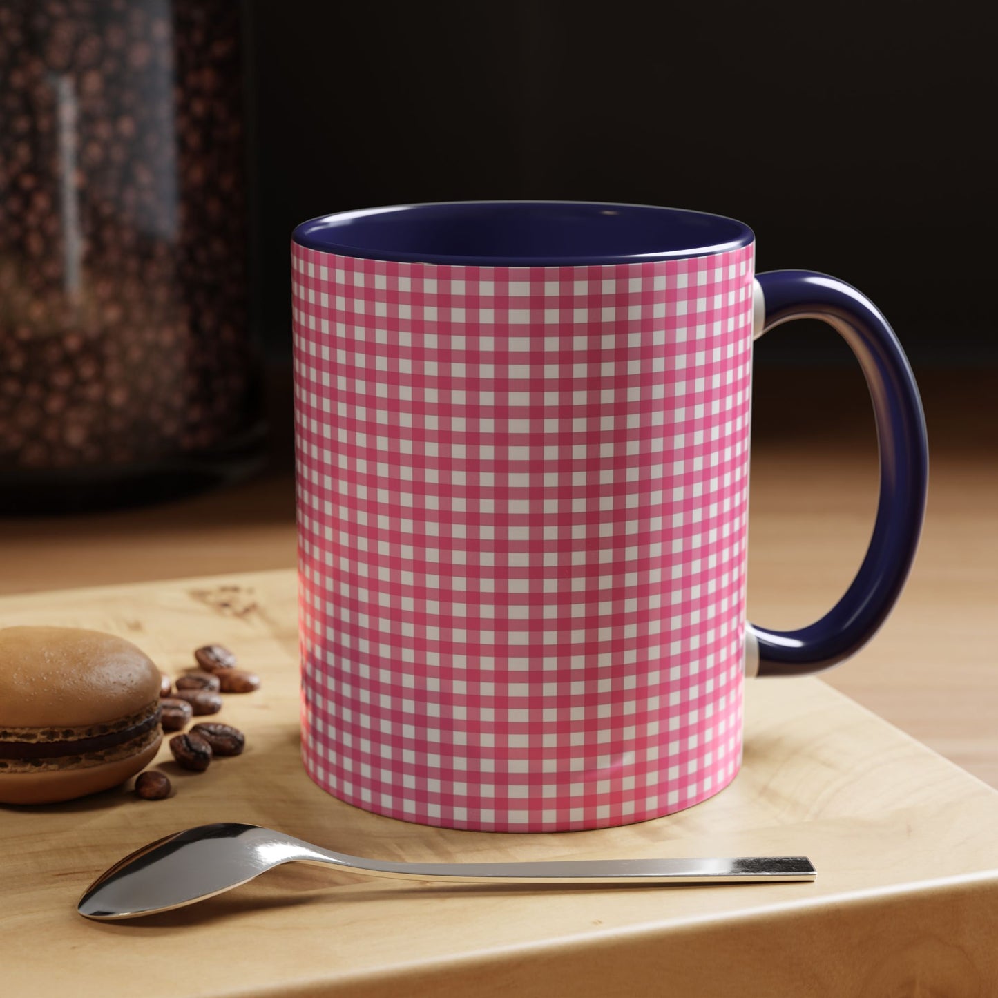 Pink Gingham Accent Coffee Mug, Cute Kitchen Decor, Gift for Coffee Lovers, Home Office Mug, Spring and Summer Vibes