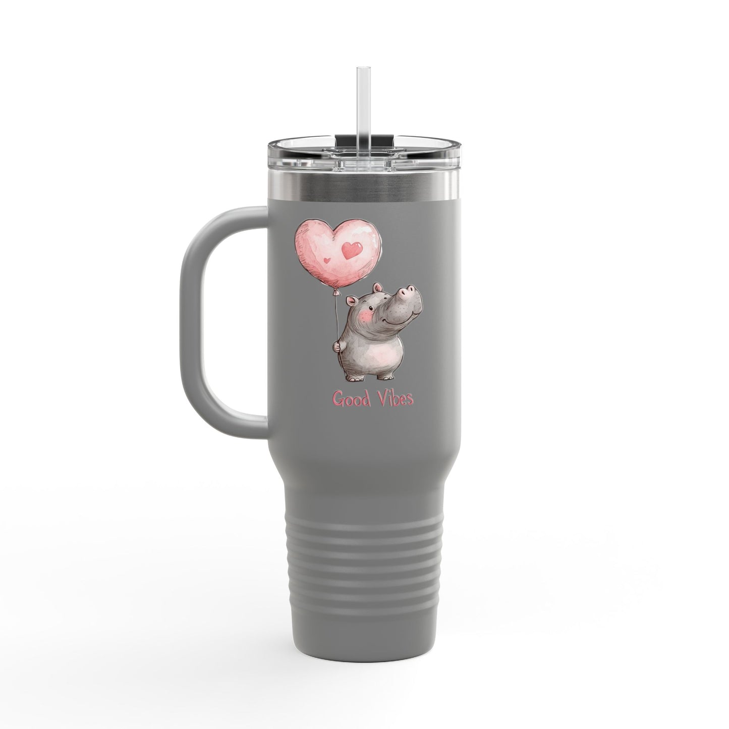 Cute Hippo Good Vibes Insulated Travel Mug | 40oz | Fun Drinkware | Perfect for Travel, Gifts, Picnic, or Daily Use