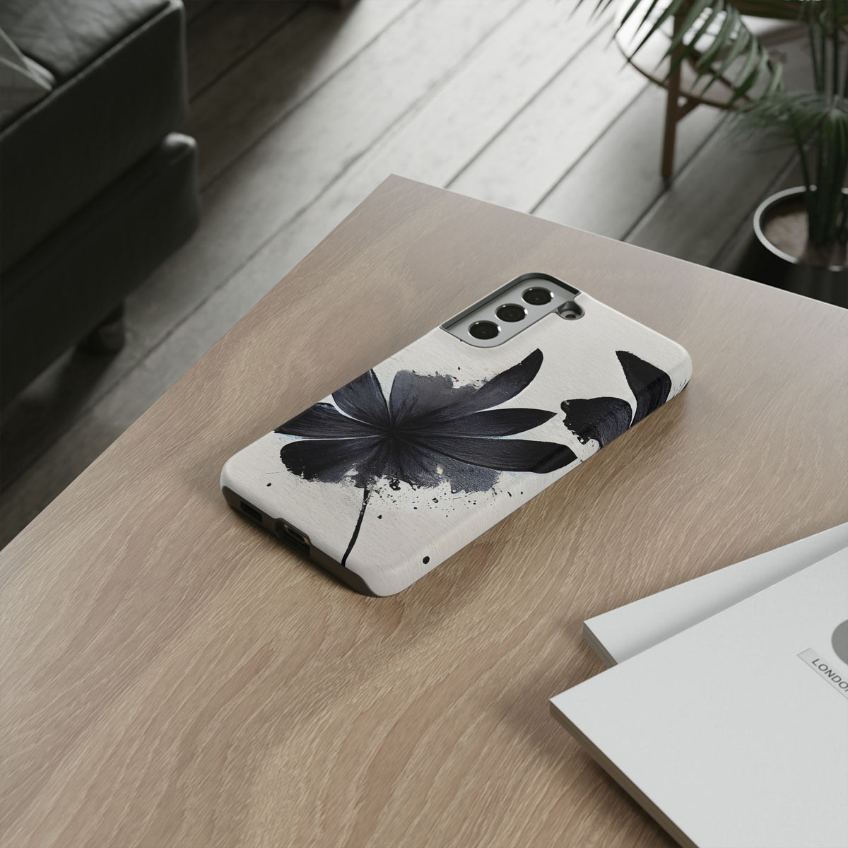 Monochrome Floral Tough Phone Case — Black Ink Flower Protective Cover