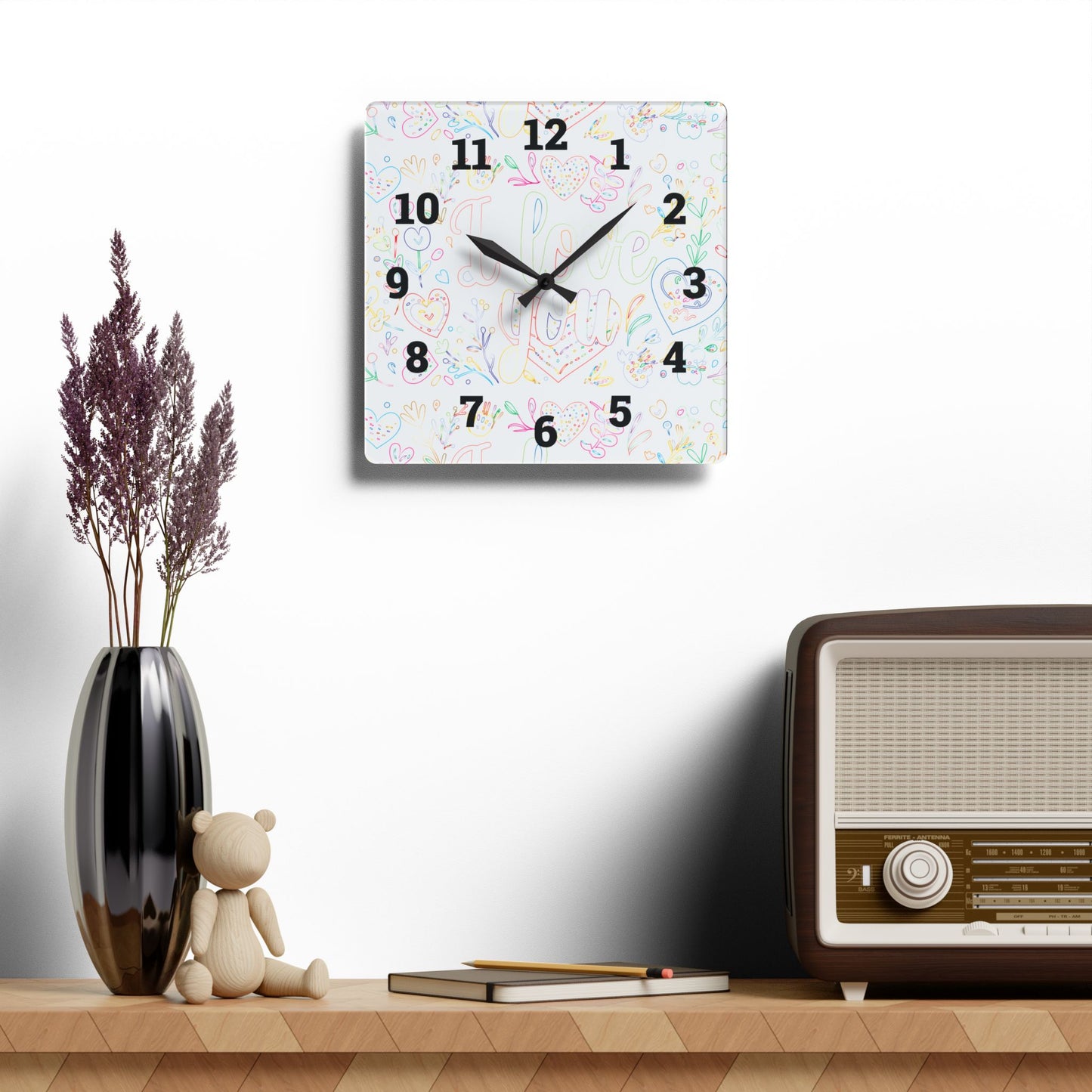 Whimsical Acrylic Wall Clock - Love You Decor, Heart Design, Gift for Her,