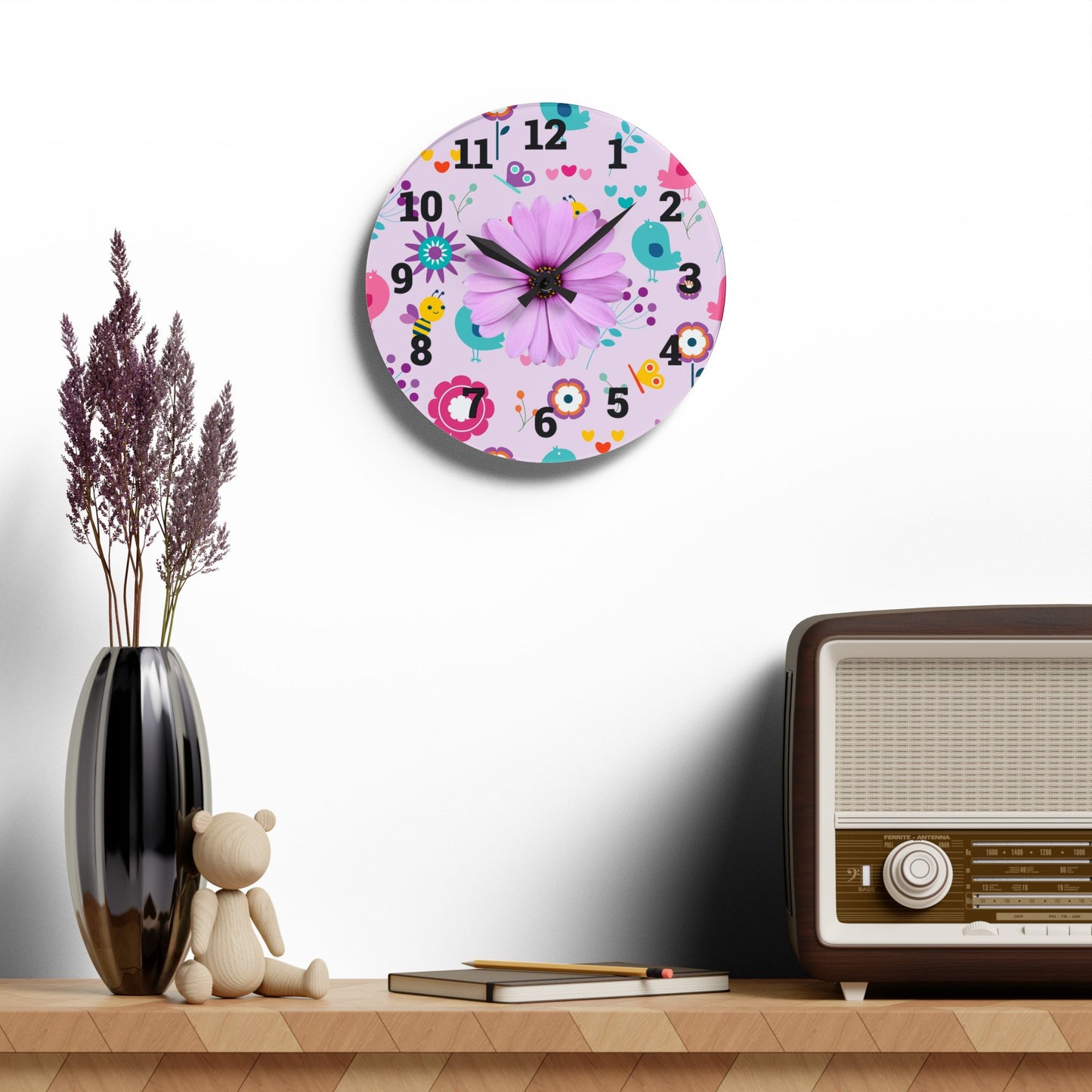 Whimsical Floral Acrylic Wall Clock, Cute Decor, Spring Vibes, Home Office Gift