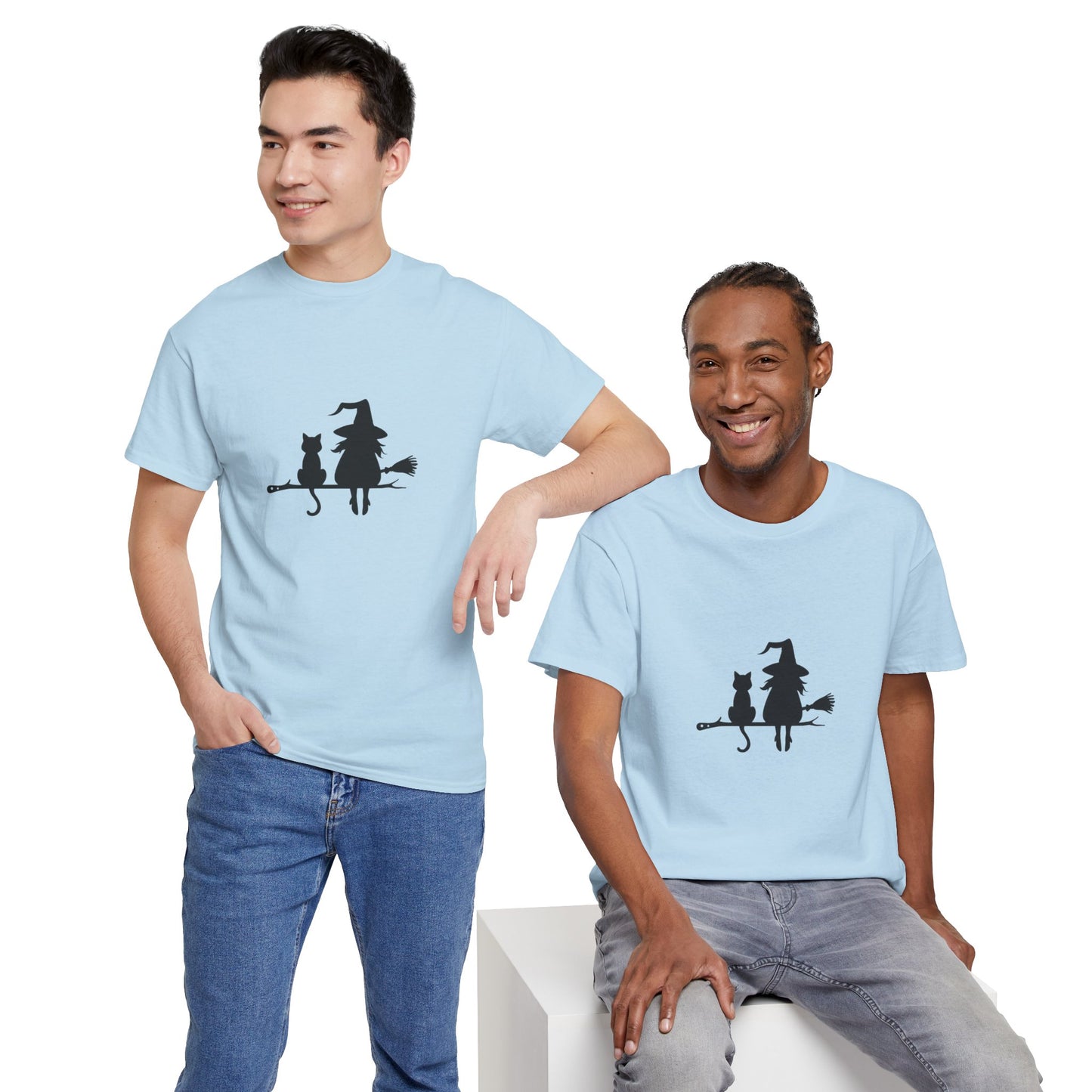 Witch and Cat Tee | Spooky Unisex Shirt for Halloween | Cute Witchwear for Cat Lovers | Fall Wardrobe Essential | Gift for Magical Friends