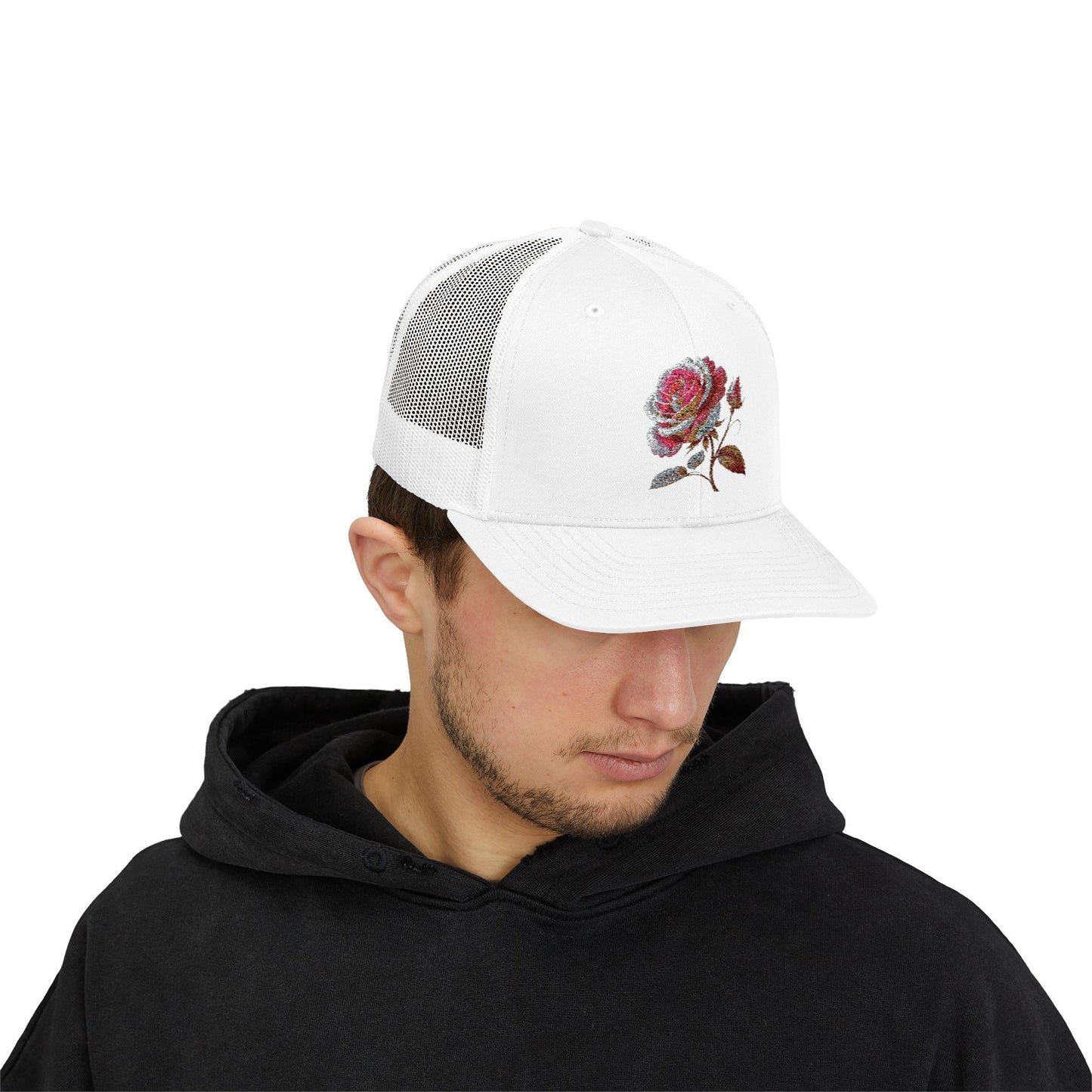 Rose Embellished Snapback Trucker Cap, Casual Hat for Outdoor Events, Gift for Flower Lovers, Stylish Fashion Accessory, Holiday Cap