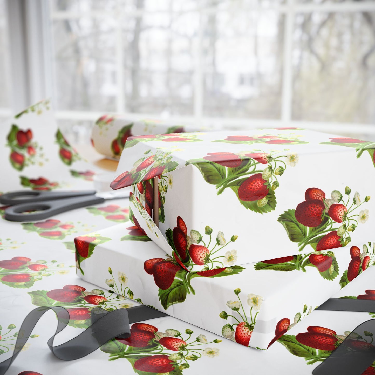 Strawberry Floral Wrapping Paper, Gift Wrap for Birthdays, Holidays, Showers, Eco-friendly Packaging, Cute Strawberry Design