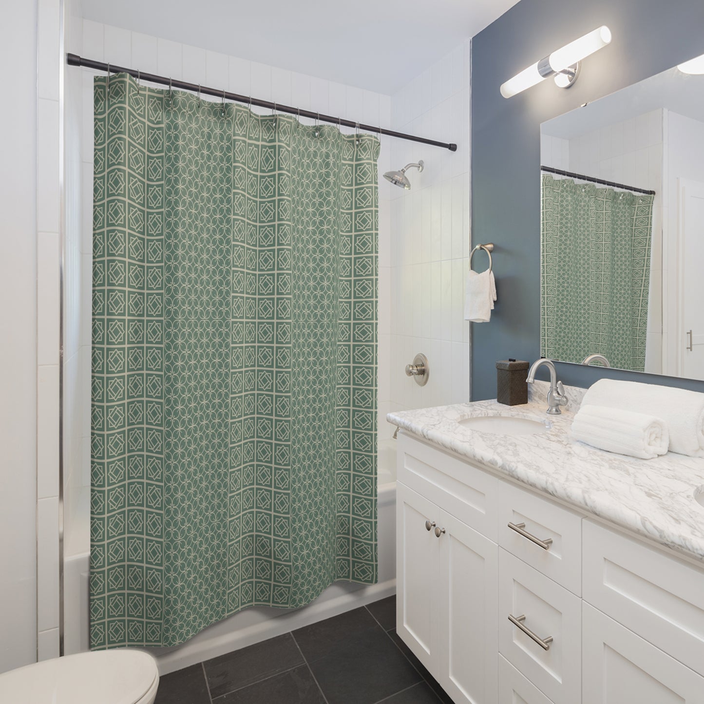 Elegant Geometric Shower Curtain, Modern Home Decor, Bathroom Makeover, Unique Gift, Green Patterned Home Accessory