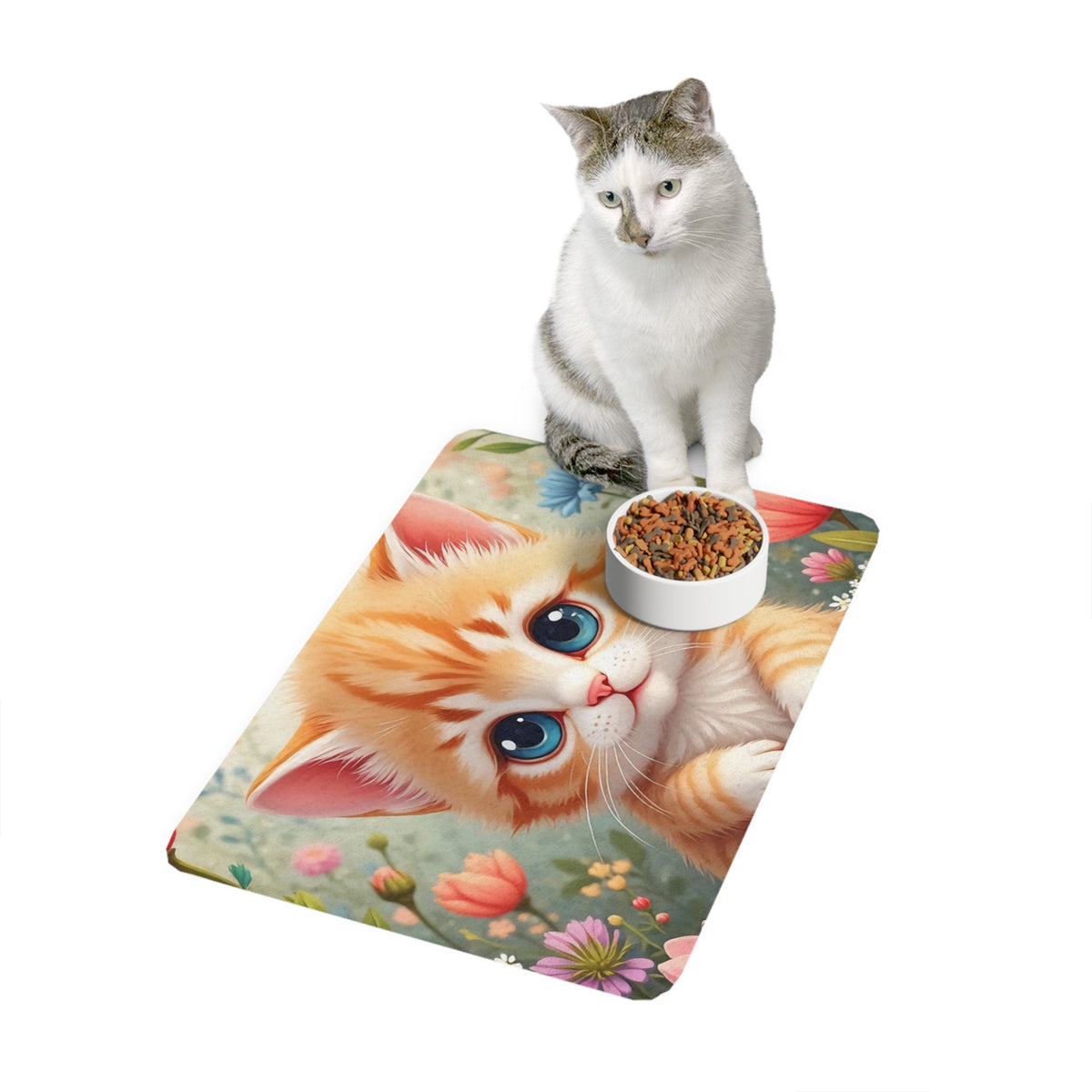 Cute Orange Kitten Pet Food Mat (12x18) — Floral Non-Slip Feeding Placemat for Cats & Small Dogs