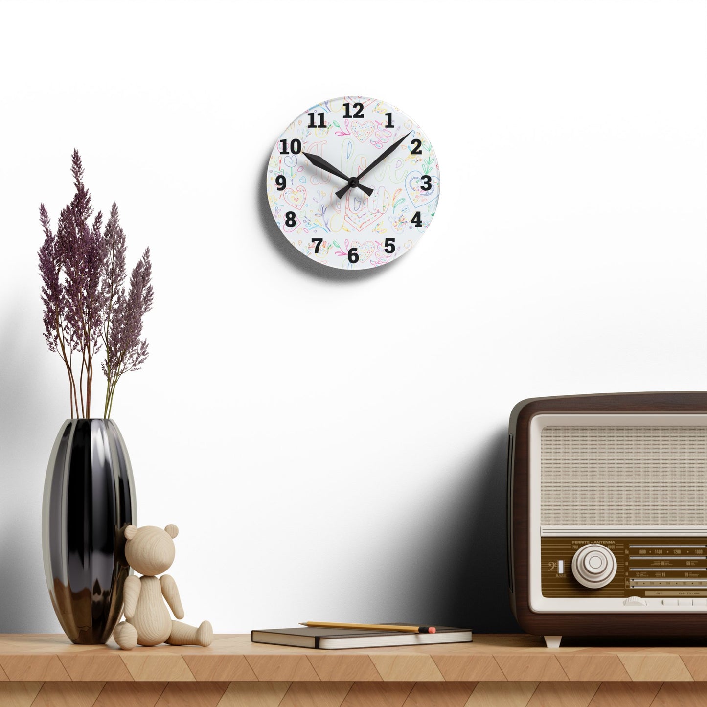Whimsical Acrylic Wall Clock - Love You Decor, Heart Design, Gift for Her,