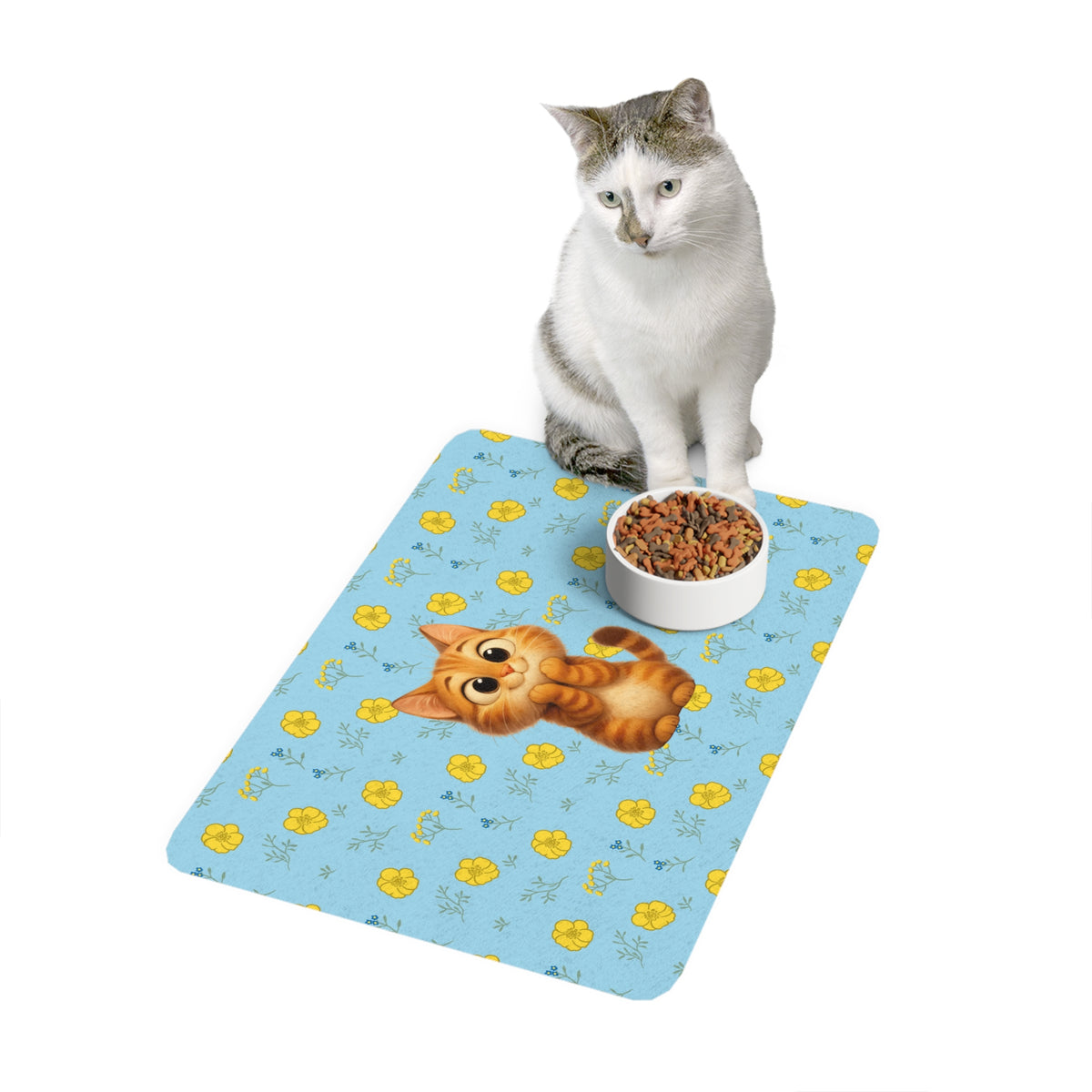Cute Orange Kitten Pet Food Mat (12x18) — Non-Slip Cat Feeding Placemat with Floral Blue Background