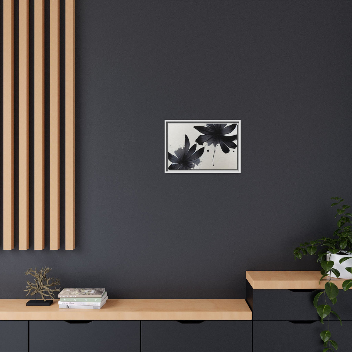 Framed Black Floral Matte Canvas Wall Art — Monochrome Botanical Print