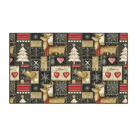 Christmas Reindeer Patchwork Floor Mat — Heavy Duty Holiday Entry Rug