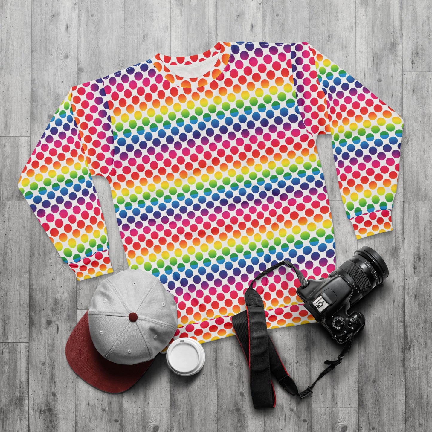 Rainbow Polka Dot Unisex Sweatshirt, Colorful AOP Pullover, Trendy Cozy Top, Vibrant Gift for Her/Him, Perfect for Casual Wear