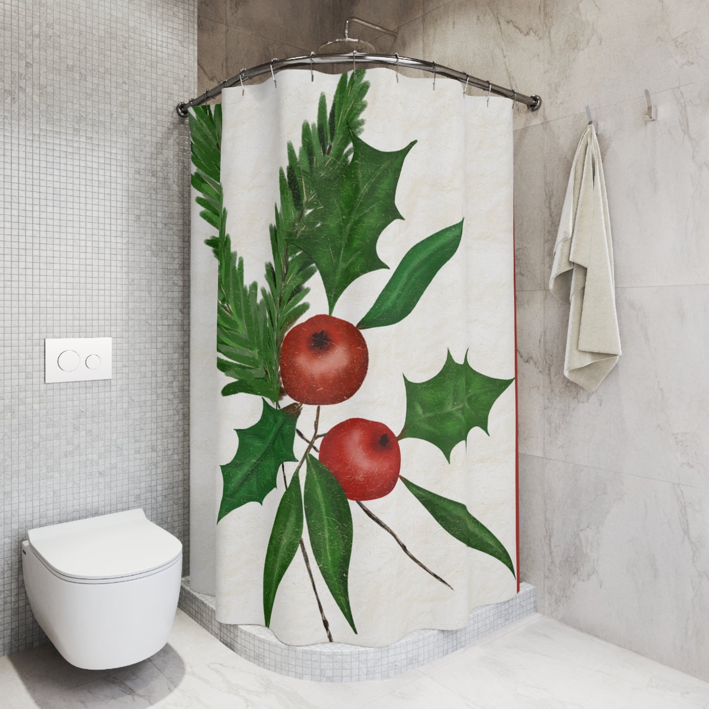 Christmas Shower Curtain with Holly and Berries, Festive Bathroom Decor for Holiday Hosting, Winter Home Decoration, Seasonal Gift Idea