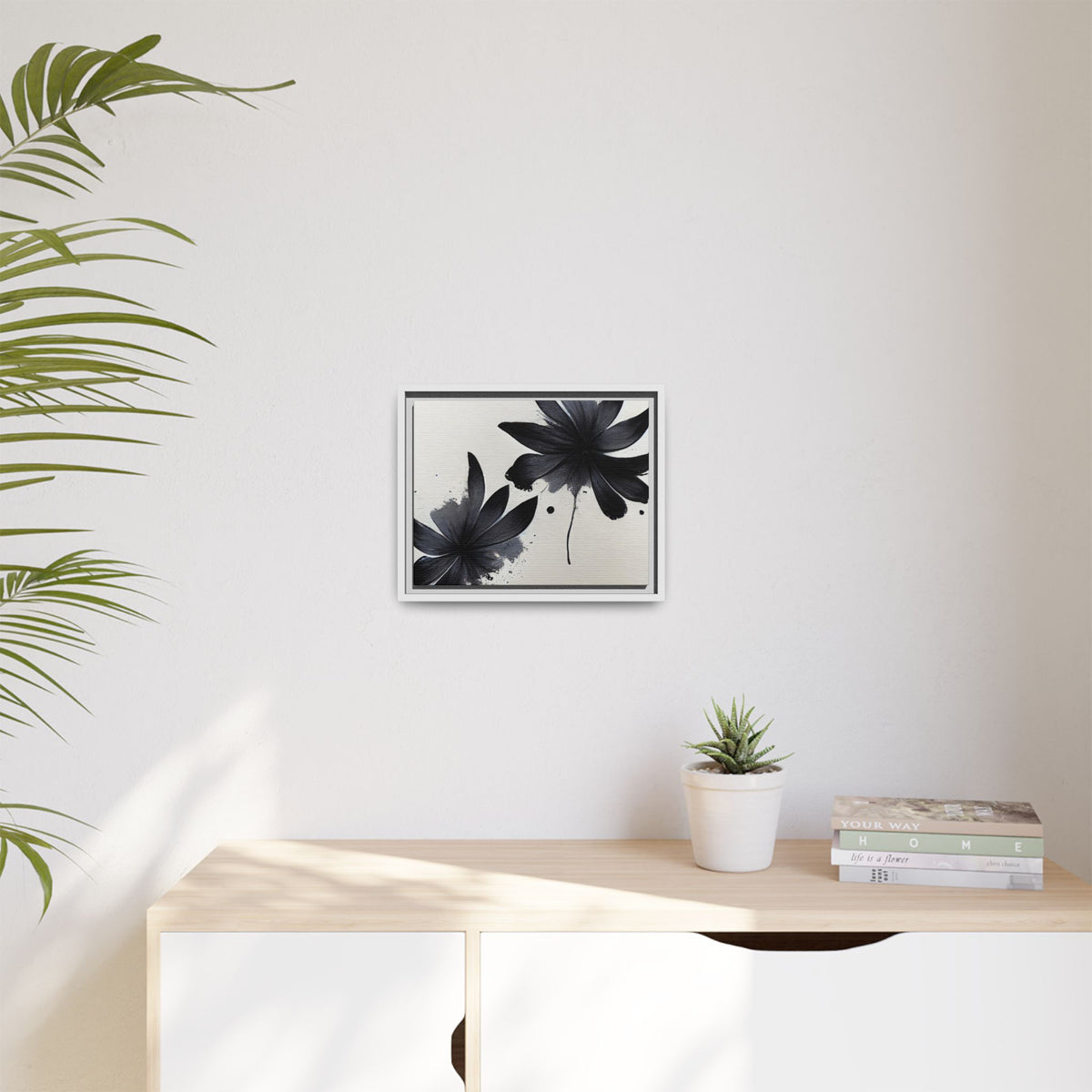 Framed Black Floral Matte Canvas Wall Art — Monochrome Botanical Print