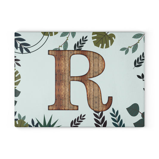 Monogram 'R' Glass Cutting Board — Rustic Wood Letter on Botanical Background