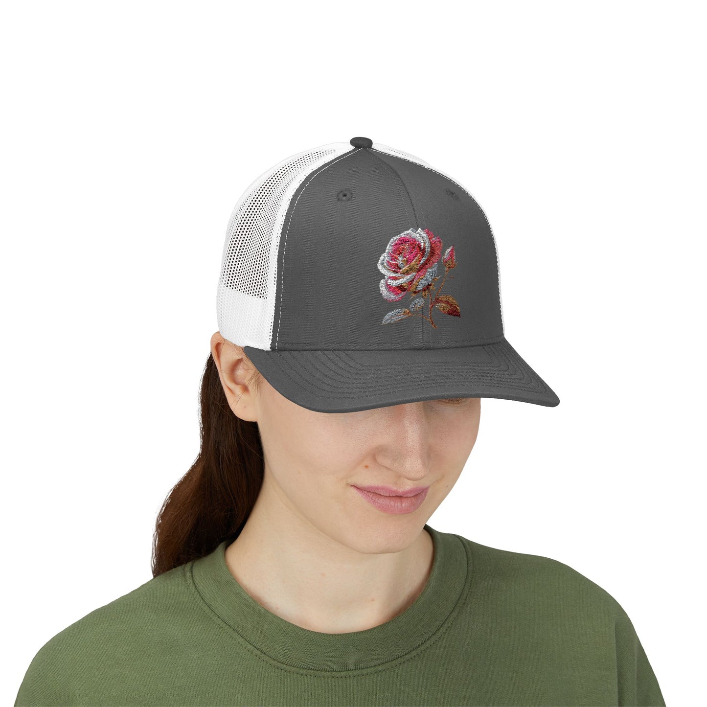 Rose Embellished Snapback Trucker Cap, Casual Hat for Outdoor Events, Gift for Flower Lovers, Stylish Fashion Accessory, Holiday Cap