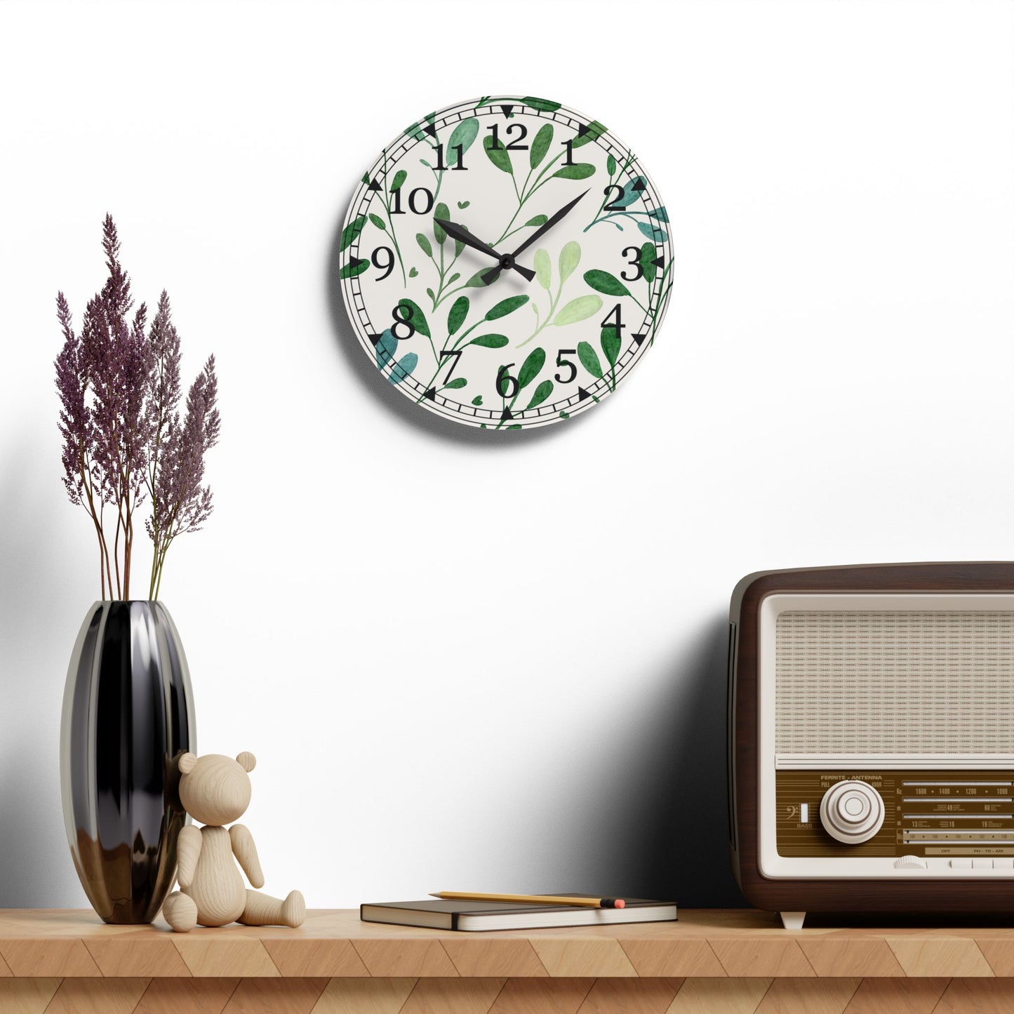 Nature Inspired Acrylic Wall Clock, Greenery Home Decor, Modern Timepiece