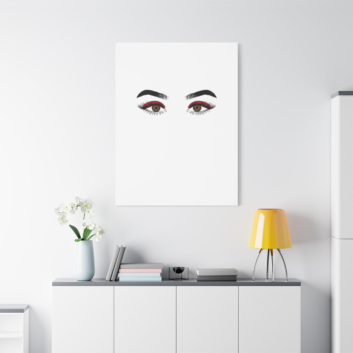 Glam Eyes Matte Canvas Wall Art — Brown Eyes with Red Lashes