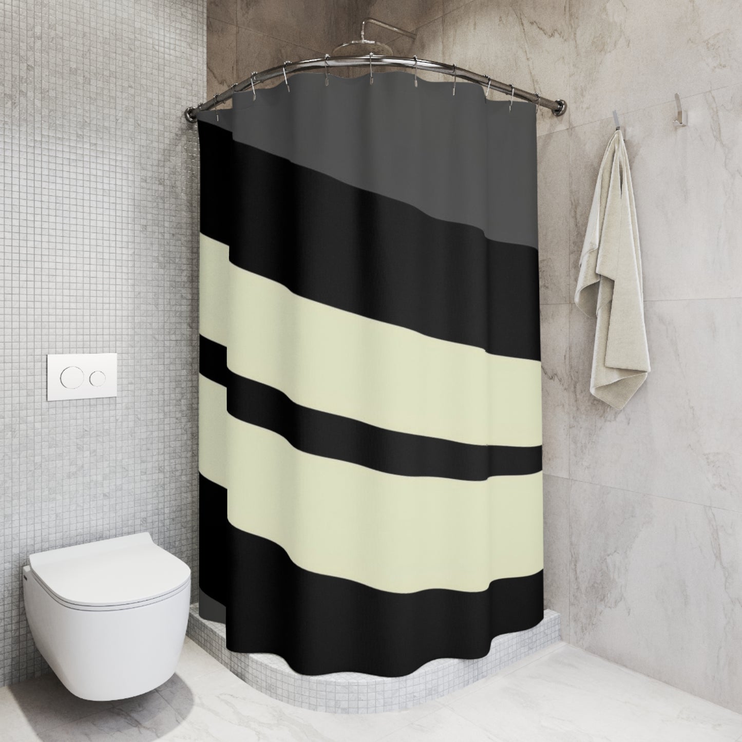 Modern Black & Cream Wave Shower Curtain — Minimal Bathroom Décor