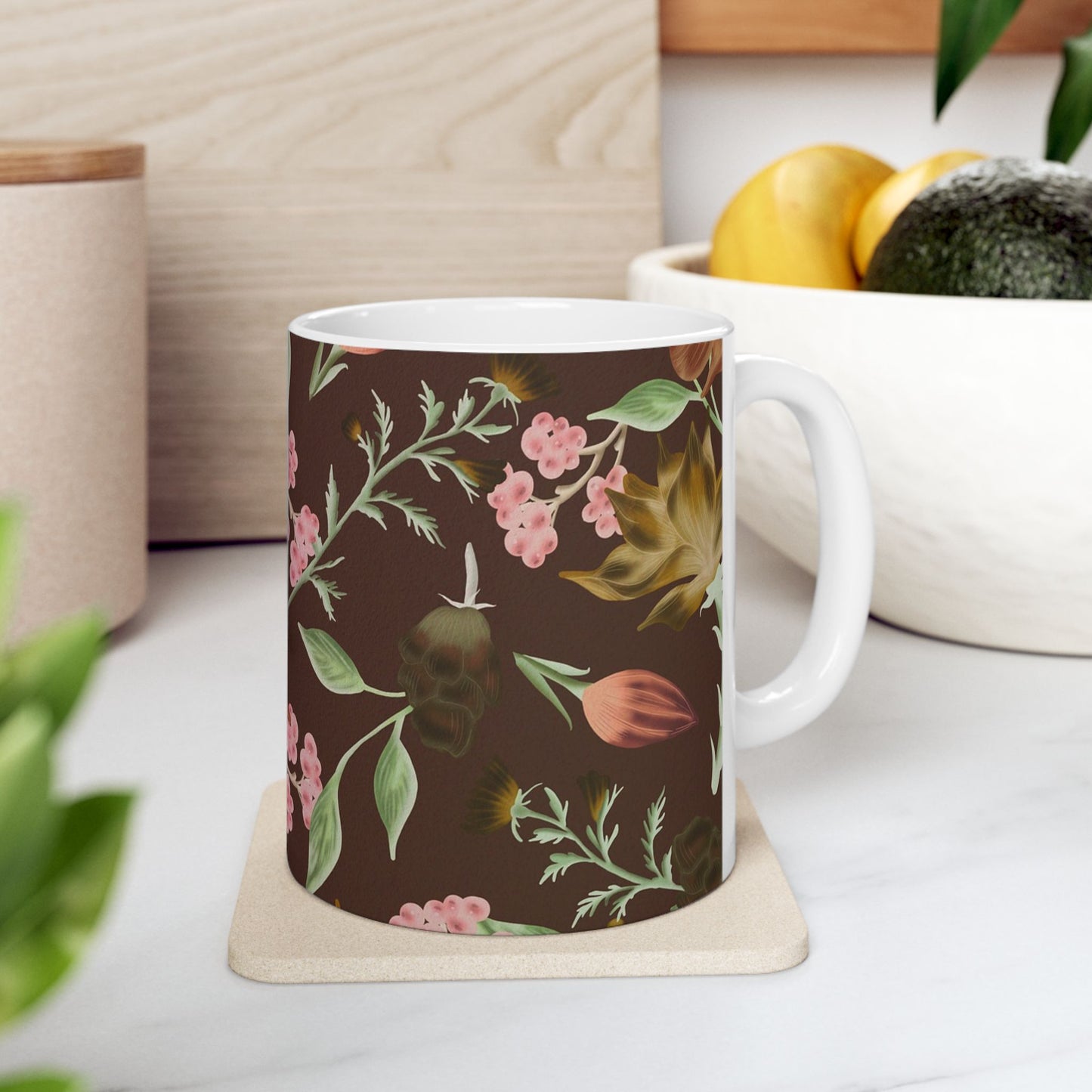 Floral Ceramic Mug, Botanical Coffee Cup, Gift for Mom, Tea Lover's Mug, Cozy Kitchen Decor, Rustic Floral Design