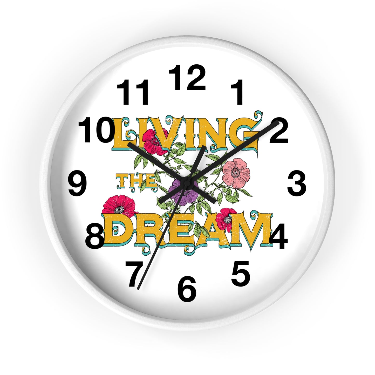 Living the Dream Floral Wall Clock, Boho Home Decor, Motivational Gift, Office Clock, Unique Wall Art