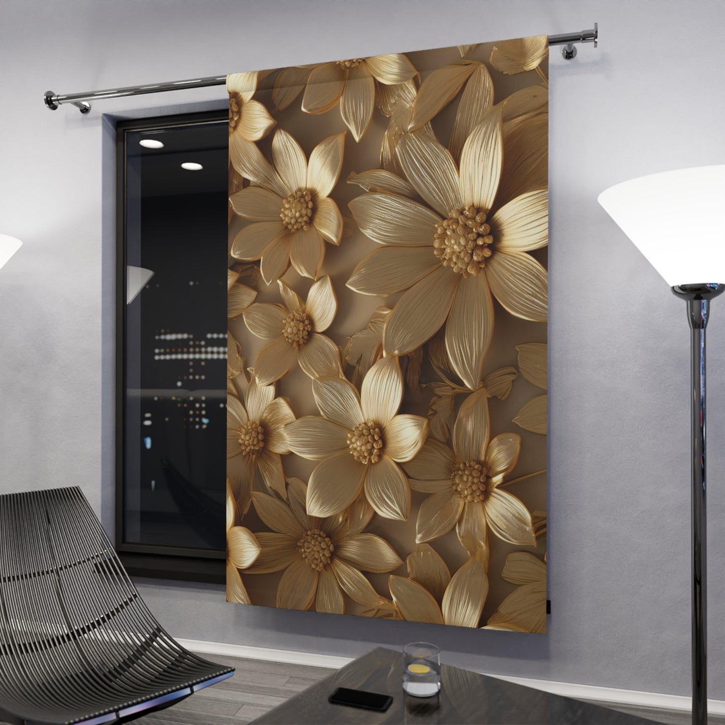 Elegant Floral Window Curtain - Golden Blossom Home Decor, Living Room Drapes