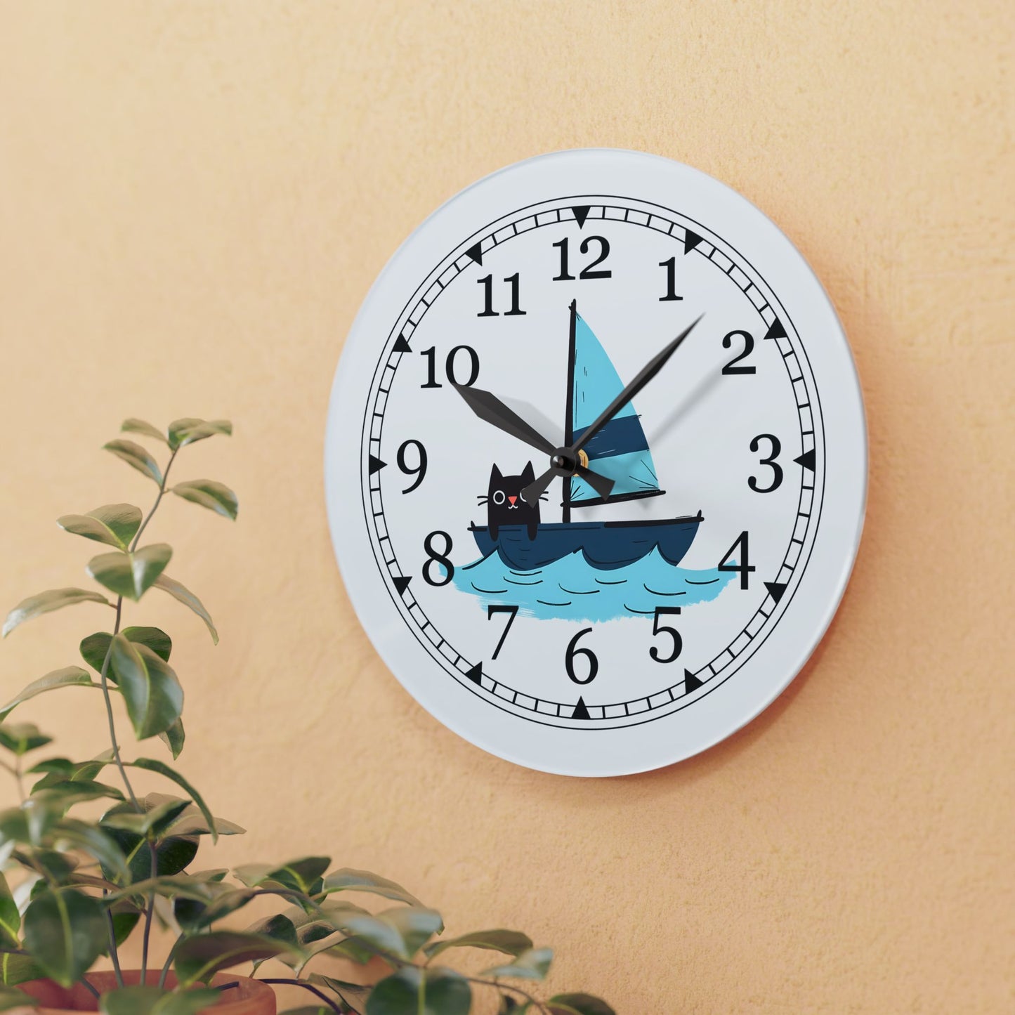 Sailing Cat Acrylic Wall Clock, Cute Home Decor, Nautical Gift, Cat Lover's Wall Art, Unique Timepiece, Kids Room Decoration