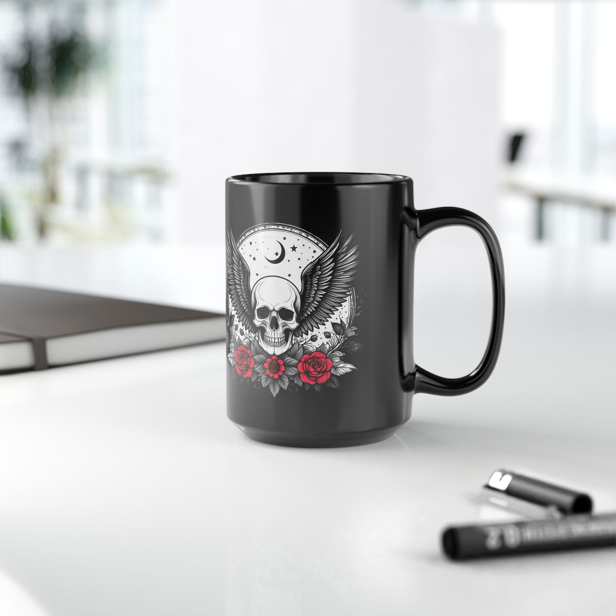 Black Skull & Roses Mug — 15oz Gothic Coffee Cup with Wings and Moon Design