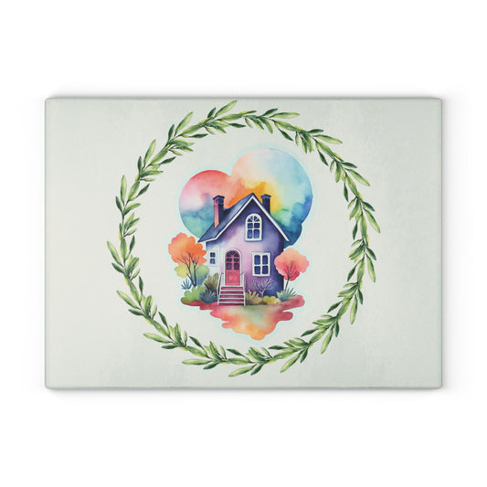 Charming Home-themed Glass Cutting Board - Kitchen Decor, Housewarming Gift, Unique Culinary Gift, Functional Art, Family Kitchen Essentials