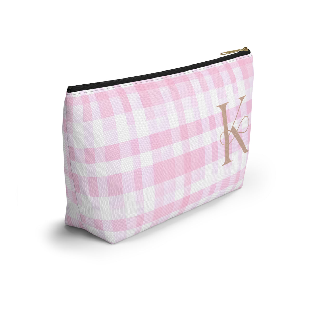 Personalized Pink Gingham Accessory Pouch, Makeup Bag - Letter K