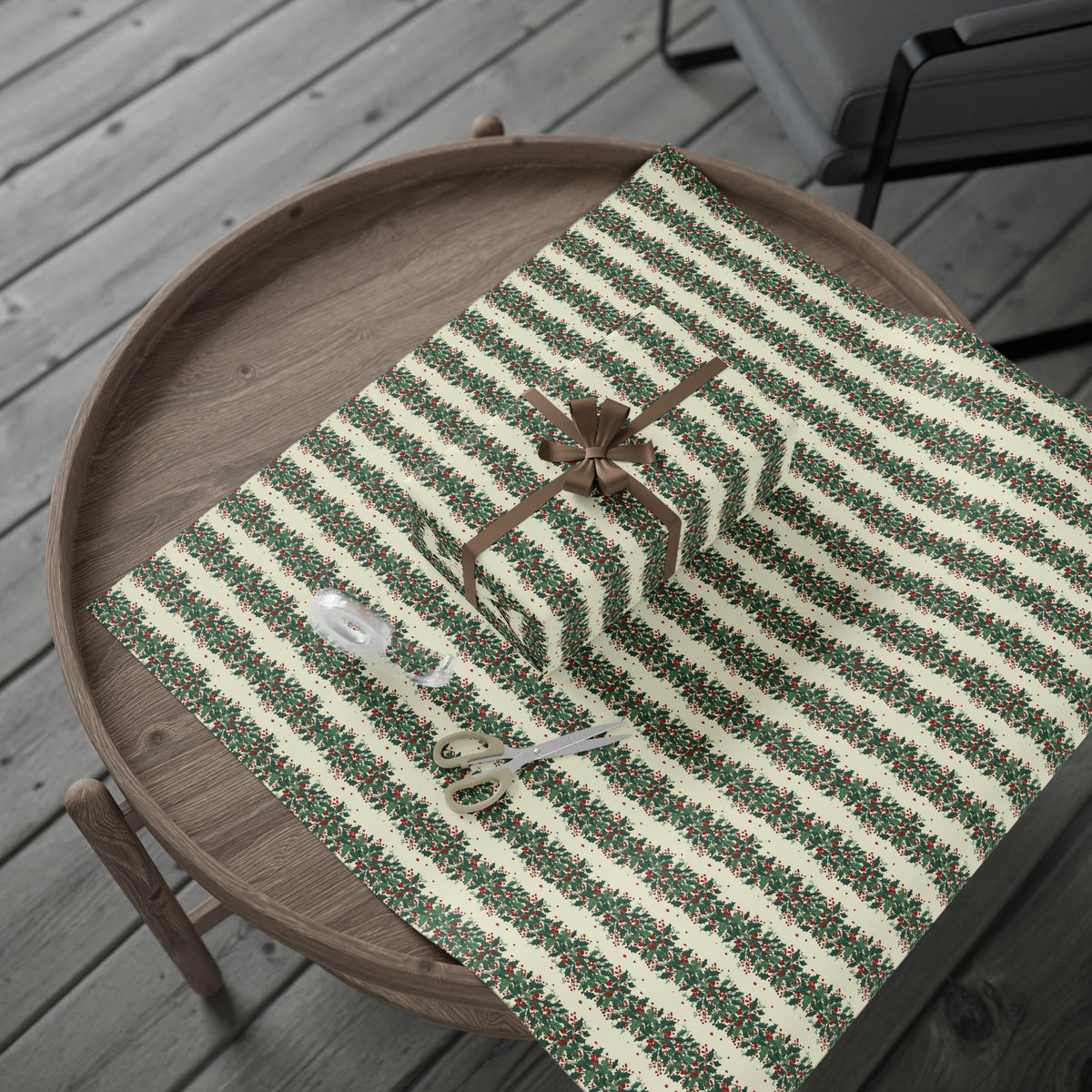 Holiday Pine Sprig Wrapping Paper Roll — Festive Green & Red Gift Wrap