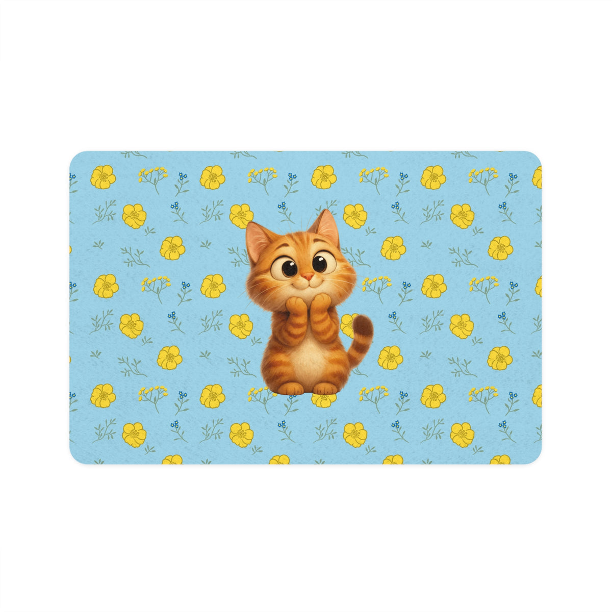 Cute Orange Kitten Pet Food Mat (12x18) — Non-Slip Cat Feeding Placemat with Floral Blue Background