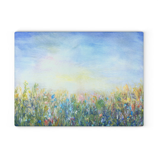 Glass Cutting Board — Soft Pastel Wildflower Meadow Print