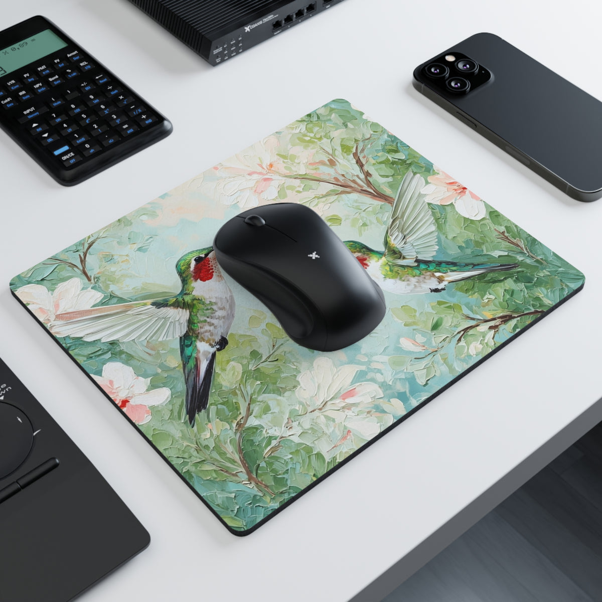 Hummingbird Garden Rectangular Mouse Pad — Floral Wildlife Desk Mat