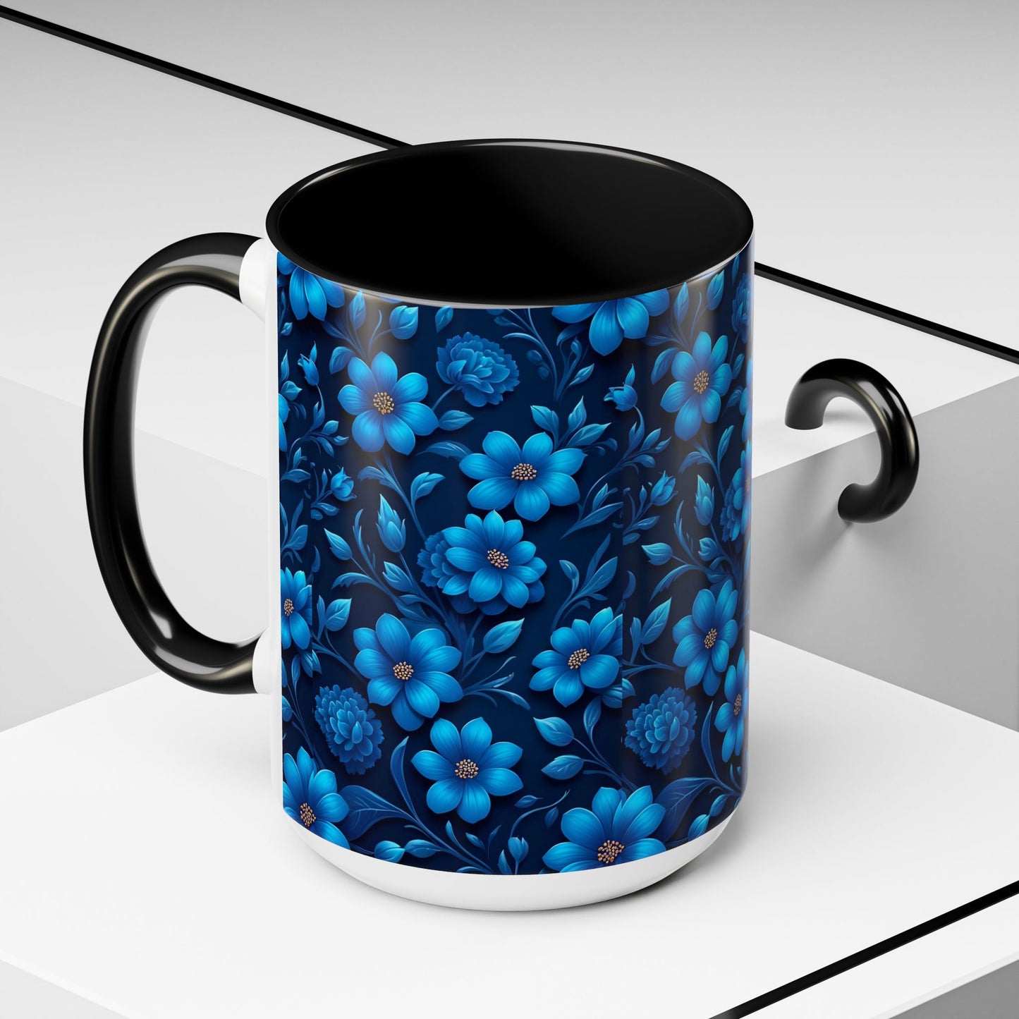 Floral Accent Coffee Mug, Blue Flower Mug, Ceramic Coffee Cup, Gift for Her, Nature-Themed Drinkware, Floral Home Decor, Unique Mug