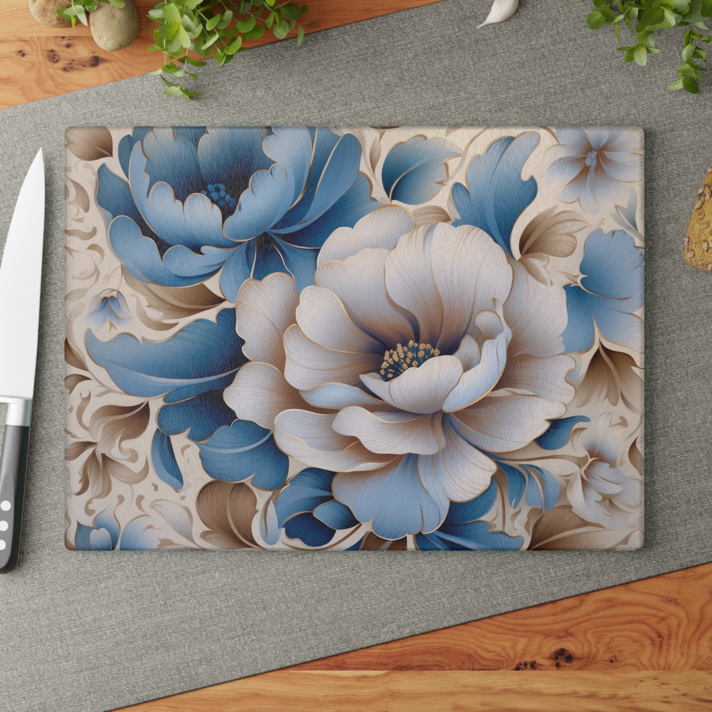 Floral Glass Cutting Board with Elegant Blue Flowers, Kitchen Decor, Wedding Gift, Housewarming Gift, Cooking Accessory