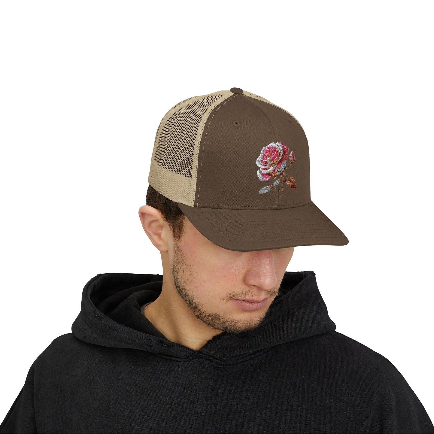 Rose Embellished Snapback Trucker Cap, Casual Hat for Outdoor Events, Gift for Flower Lovers, Stylish Fashion Accessory, Holiday Cap